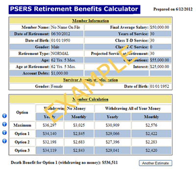 PSERS Retirement Benefits Calculator screenshot